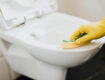 WC von Kalk entfernen mit Handschuh und ist dabei Eingefressener Kalk entfernen